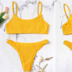 Bikini från shein storlek S - En sjukt fin klargul bikini från shein! Älskar den, och den har väldigt tjockt tyg så den är inte genomskinlig på något sätt. Färgen gör även att man ser brunare ut. Säljer pga att den är för liten... använd 1gång🥰