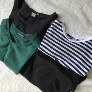 Långärmader  - Svart basic tröja med urringning från hm. Blårandig tröja från hm med tryck på ärmarna (se bild).Mörkgrön tröja från brandy Melville med V ringning. Svart off shoulder tröja från hm (se bild) Köp alla för 150 eller en för 50! Frakt tillkommer📦