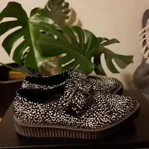 Finskor från Asos. Prickiga skor i pälsliknande material med spännen. Unika och sköna skor. Använda ett fåtal gånger och de är felfria.