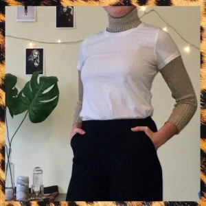  - Supersnygg glittrig turtleneck köpt på second hand! Den har ett litet hål på baksidan av ena armhålan, framifrån så syns det inte alls, och man kan också dölja det helt genom att slänga på en t-shirt över, supersnygg dessutom!! Också jättefin under en sweatshirt så att bara själva turtlenecken sticker upp! :)