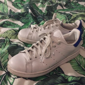  - Vita limited edition Stan Smith med blå päls på hälen. Använda sparsamt! strl 38 2/3! Passar liten 39:a eller stor 38:a. Skorna kommer rengöras ordentligt och sprayas med repelspray innan jag lämnar över dom. 
