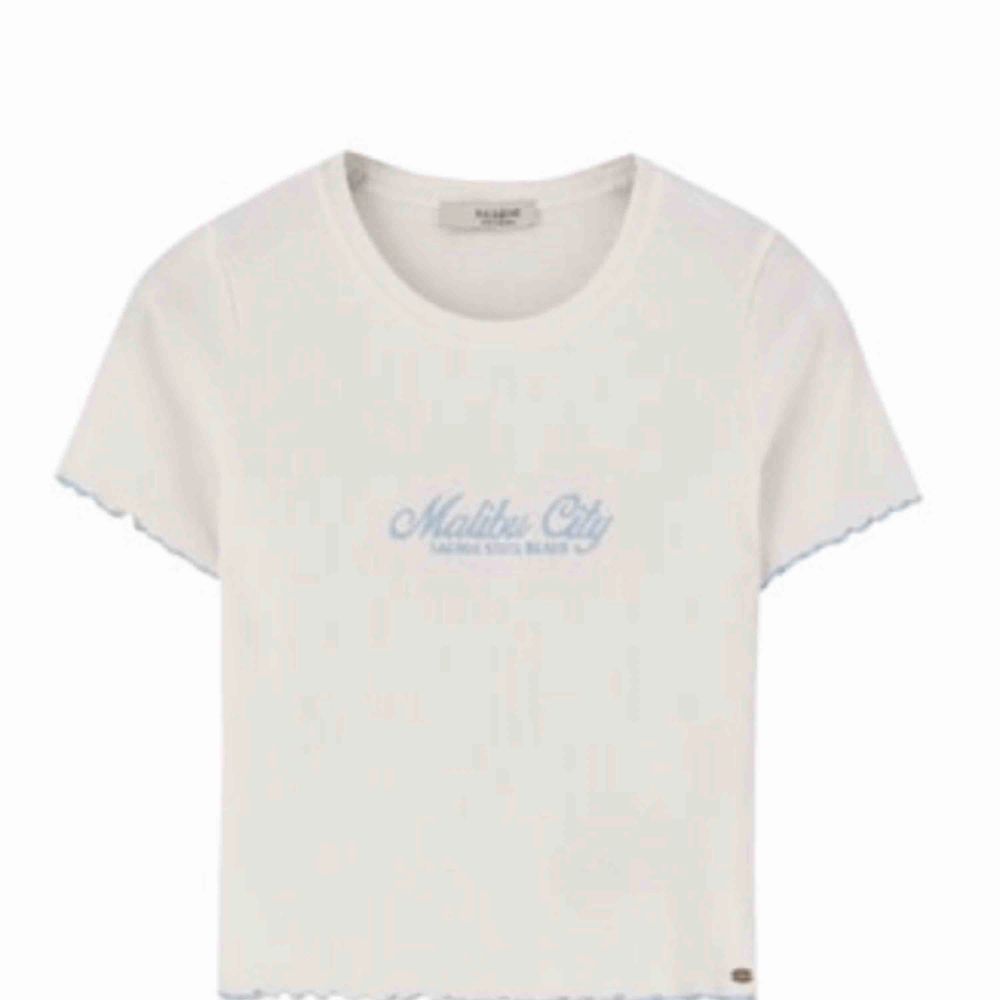 En croppad t-shirt i vit, med ljusblåa detaljer. Endast använd fåtal gånger.💞så i mycket bra skick! Frakt tillkommer, skriv för närmare bilder💞. Skjortor.