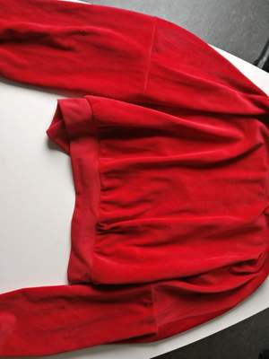 Supermysig röd velour tröja. Den är stor i ärmarna och kortare och mer 'pösig' upptill. Riktigt snygg. Supermysig. Passar S-M. Frakt på 60:- tillkommer.