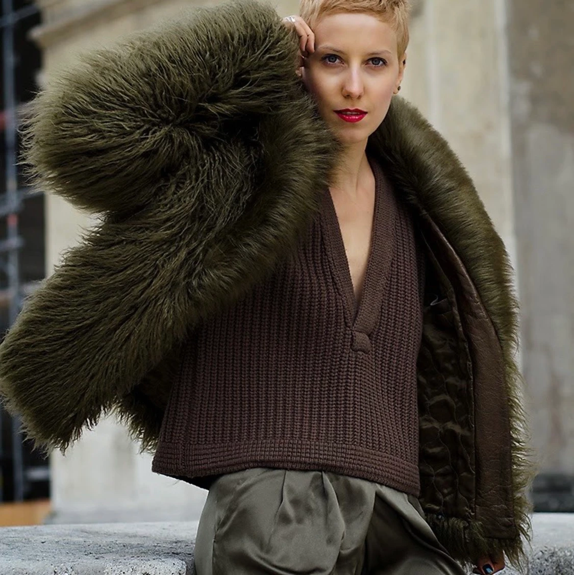 Faux fur jacka H&M Studio khaki XS - 90