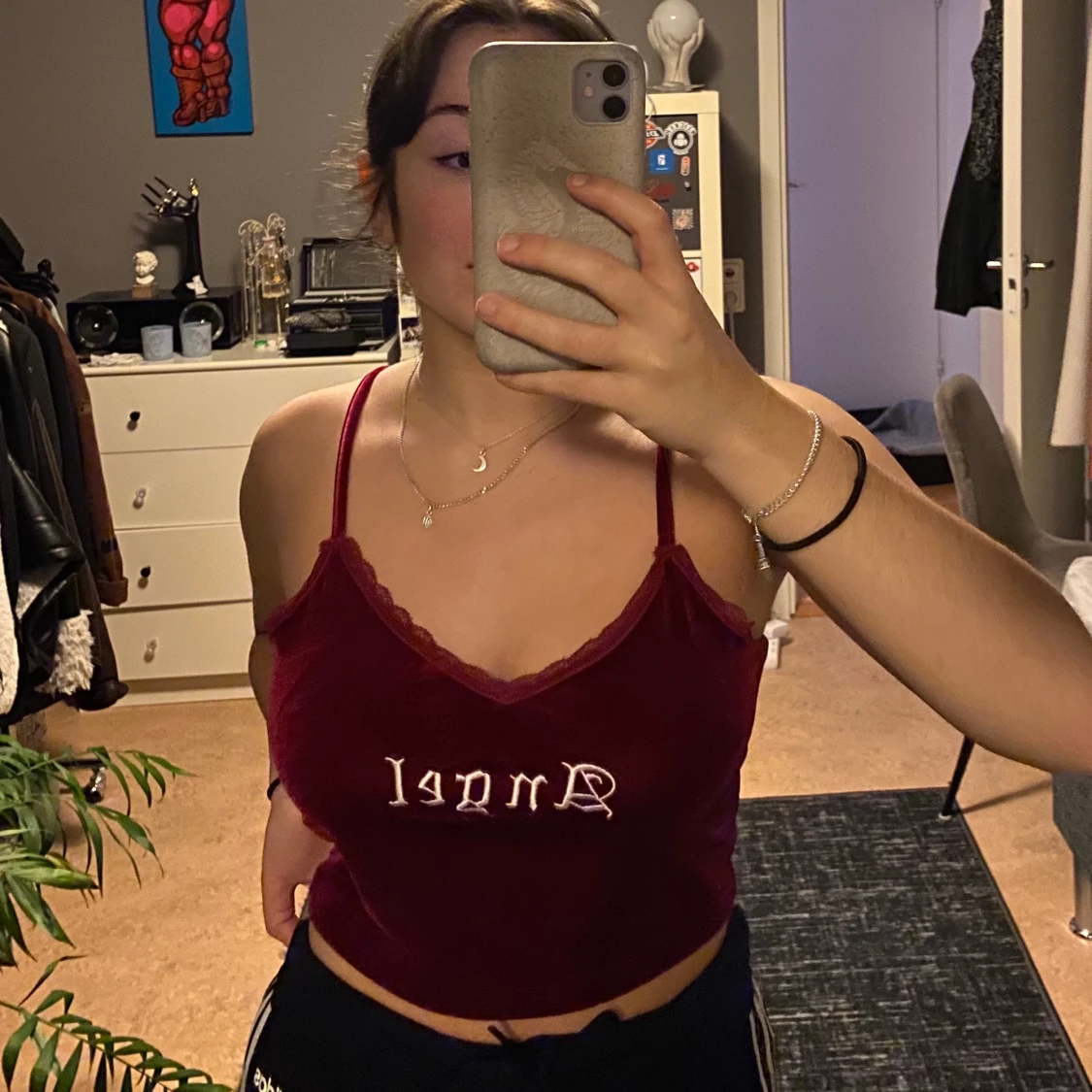 Vinrött velour linne - 91