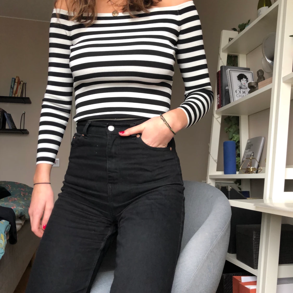 Randig off shoulder tröja - 90