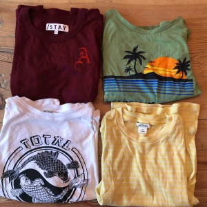  - Säljer dessa fyra t shirts tillsammans för 100 kr, alla passar strl S och XS, kan mötas upp i Umeå eller så kan jag skicka dem men då står köparen för frakten😊