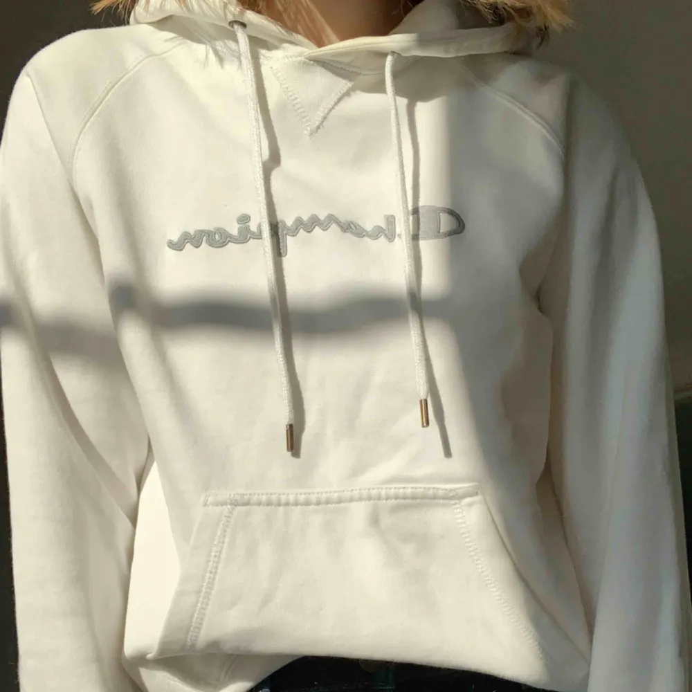 Jättefin hoodie från Champion!! Den är storlek M men jag är en S och den passar mig. Kan mötas upp i Stockholm eller så står köparen för frakt☺️💙. Hoodies.