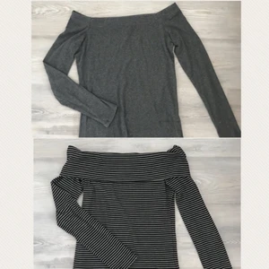  - Två ribbade Off shoulder-toppar, använda max 3 gånger. Den gråa är i storlek M och den randiga i storlek S.  Välj två toppar/t-shirts/tröjor från mina annonser så får ni den ena för halva priset!
