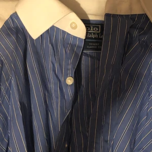 Randig skjorta  - Randig skjorta med vit krage. Hund och katt finns i hemmet. 