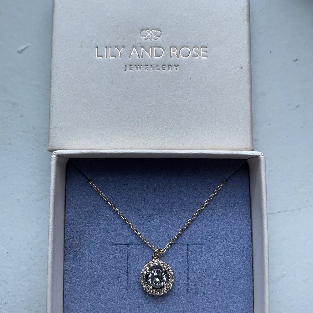 Säljer mitt helt nya Lily & Rose halsband i guld med smokey maveu färgad sten.. Accessoarer.