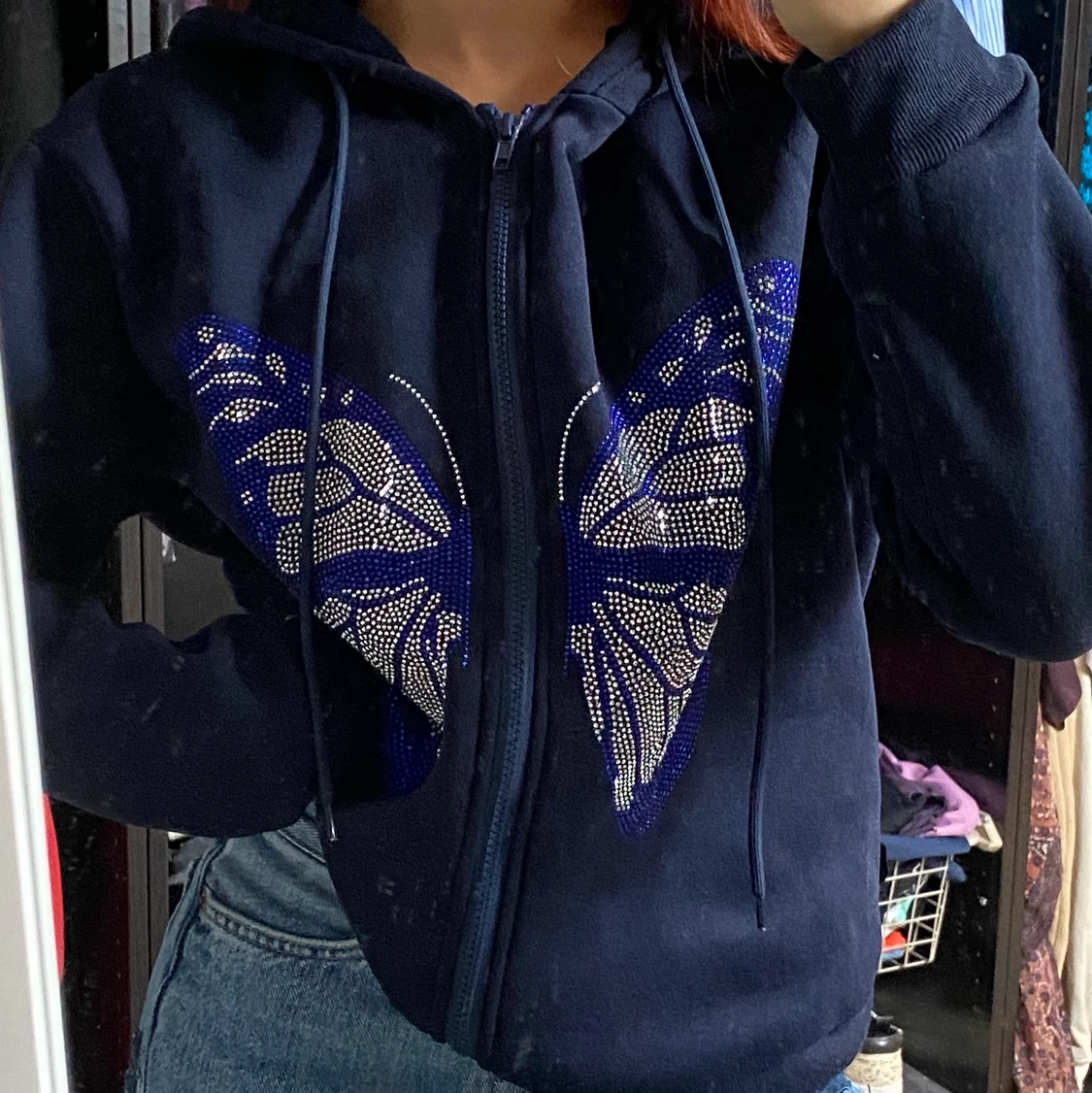 Marinblå glittrig fjäril zipup 