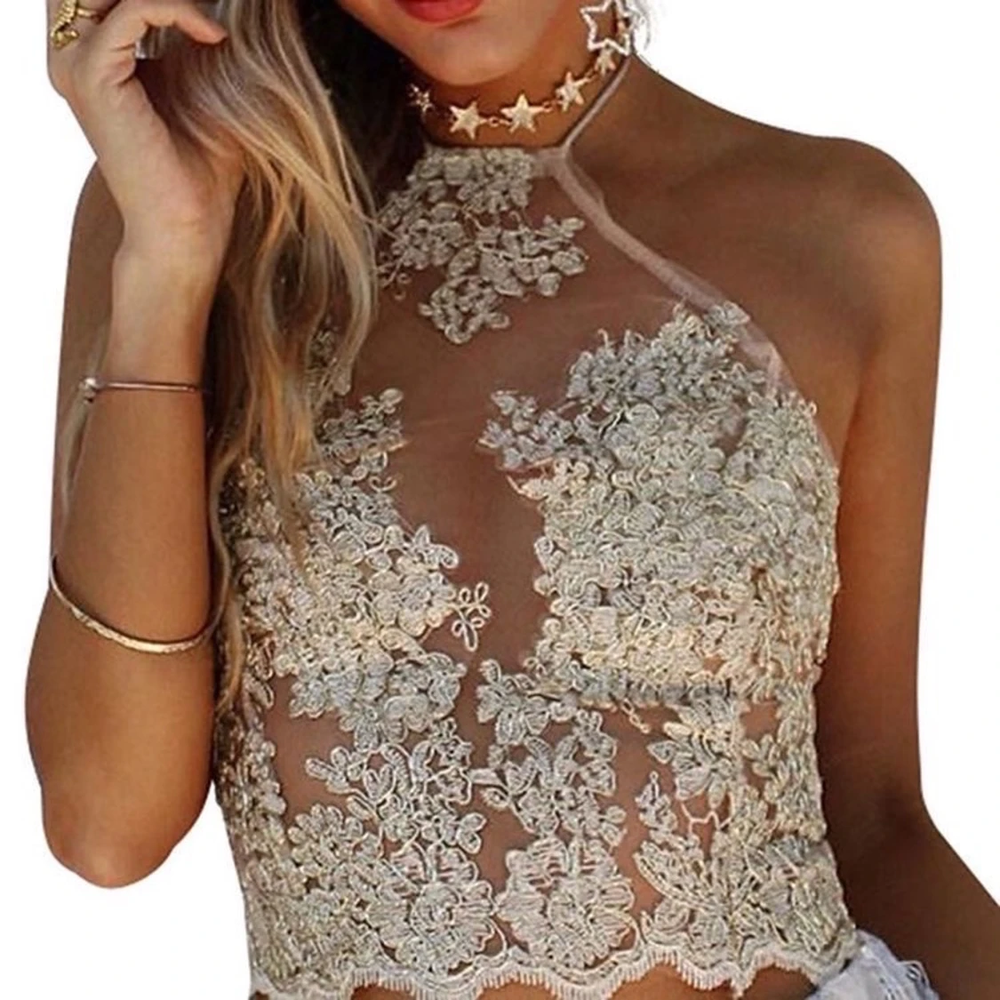 Mesh top med gulddetaljer  - 90