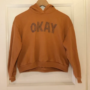 Hoodie - Terrakotta-färgad hoodie från Lindex Kort modell (24 cm mätt från armhålan) Saknas 2 ”metallpärlor” i ordet OKAY, se bild. I övrigt mycket fint skick. 