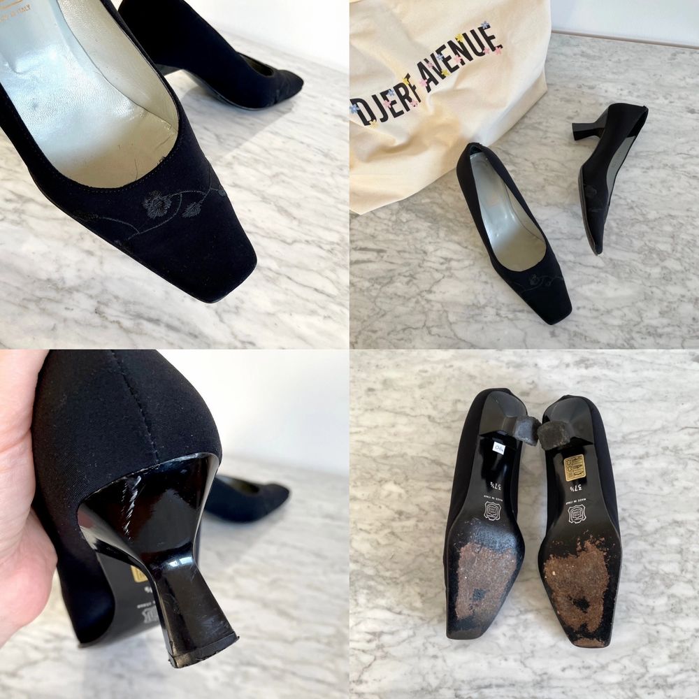 Vintage 90s 00s Y2K real leather block heel square toe pumps shoes in black size 37,5 - 38 Elegant shoes with decorative floral embroidery on top. Mid heel. Beautiful baby blue leather lining. Very light signs of wear (few tiny scratches here and there, but nothing major, see pictures). Second hand (cleaned). Tizzano. Label: 37,5. Fit best 37,5 - 38. Checked my me who usually wears normal size 38. The shoes are almost perfect on me. Just a bit tight, but I could still wear them. Heels: 6,5 cm. Skor.