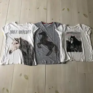 Säljer dessa 3 T-shirts tillsammans. Tröjan i mitten har ”vändbara” paljetter så att hästen kan skifta mellan rött och silver. väl använda men hela och rena. Storleken är från vänster till höger, alla 3 ungefär lika stora. Köparen står för frakten!