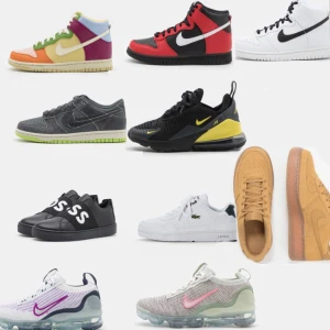 Många märkesskor -  Allt är i nyskick och är beställningsvara. Bevis på äktihet finns och att jag inte scammar. Nästan alla skor finns  strl 35-40.  Alla dunks= 1100kr.   Vapormax o air max 1600kr. Hugo boss=1100kr. Lacoste=700kr. Air Force=1000kr. Endast dessa pris i 8h!!!