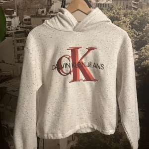 Hoodie - Hoodie från Calvin Klein. Vit/cream med lite svarta knottrar. Väldigt mjuka, finns så att man kan dra åt så att den blir mer åtsittande vid midjan. Knappt använd så nyskick!