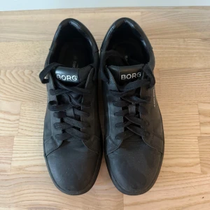 Svarta sneakers från Björn Borg - Säljer ett par svarta sneakers från Björn Borg i storlek 41. Skorna har klassisk rund tå, platt sula och snörning framtill. Tillverkade i syntetmaterial med en stilren look och logga på både plös och häl. Perfekta för dig som gillar minimalistisk stil.