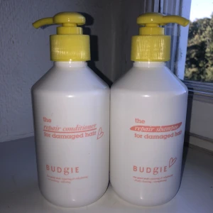 Budgie repair shampoo & conditioner - Säljer ett set med Budgie repair shampoo och conditioner för skadat hår. Båda kommer i vita plastflaskor med gula pumpar och rosa text. Perfekt för dig som vill ge håret extra vård och glans. Snygg och clean design som passar i badrummet.