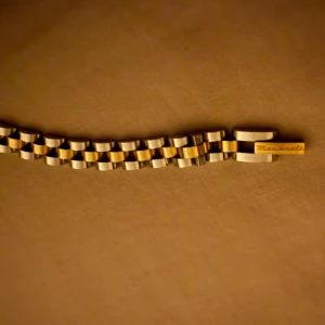 Tvåfärgad Maserati länk i stainless steel  - Säljer en snygg länk från Maserati i en kombination av guld- och silverfärgad stainless steel. Länken har en klassisk design med breda, rektangulära länkar och Maserati-logga på spännet. 