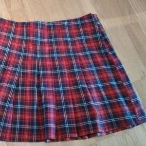 Rutig röd plisserad kortkjol - Fin röd och mörkblå rutig kortkjol med plisserad design. Kjolen har dragkedja i sidan för enkel påtagning och är perfekt för dig som gillar en klassisk men edgy stil. Den har inga tags men storleken känns som M.