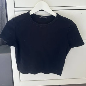 Svart croppad t-shirt från Zara - En enkel svart croppad t-shirt från Zara med rund halsringning och korta ärmar. Perfekt att matcha med jeans eller kjol för en stilren look.