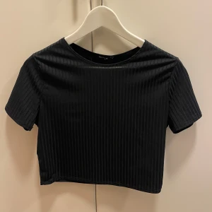 Svart ribbad croppad topp från NLY One - Säljer en svart croppad topp från NLY One. Toppen har korta ärmar och är tillverkad i ett ribbat material som ger en snygg struktur. Perfekt att matcha med höga jeans eller kjol.