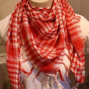 Palestina sjal Röd och vit rutig halsduk med fransar - Säljer en röd och vit rutig halsduk med klassiskt mönster och fransar i ändarna. Perfekt accessoar för att ge din outfit lite extra färg och stil. Halsduken är mjuk och lätt, passar bra till kyliga dagar.