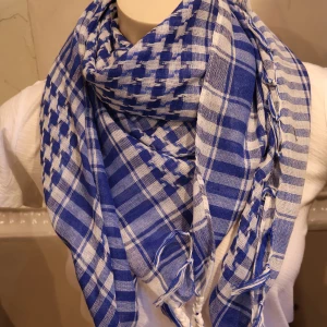 Palestina sjal Blåvit rutig halsduk med fransar - Säljer en blåvit halsduk med rutigt mönster och fransar i kanterna. Halsduken är lätt och luftig, perfekt för att ge din outfit en cool touch. Passar både till jacka och t-shirt.