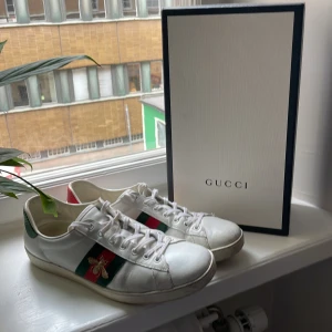 Gucci Ace sneakers med bi-detalj  - Säljer ett par vita Gucci Ace sneakers med klassiska gröna och röda ränder på sidorna samt en broderad guldfärgad bi. Skorna har snörning och detaljer i grönt och rött skinn på hälen. Box och dustbags medföljer.(45)