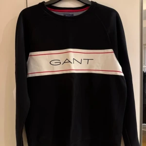Svart sweatshirt från GANT - Svart sweatshirt från GANT med vit panel och röda linjer över bröstet. Stort GANT-tryck framtill. Klassisk rund halsringning och långa ärmar. Perfekt för en avslappnad och stilren look. Storlek M