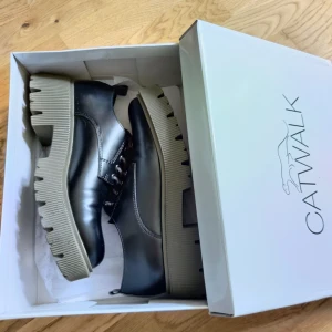 Chunky svarta skor från Catwalk - Chunky svarta skor från Catwalk med grov, grönt sula och snörning. Skorna har rund tå och är tillverkade i syntetmaterial med coola detaljer och markerade sömmar. Perfekta för dig som vill sticka ut med en edgy stil. Worn once, very comfy, no defect 