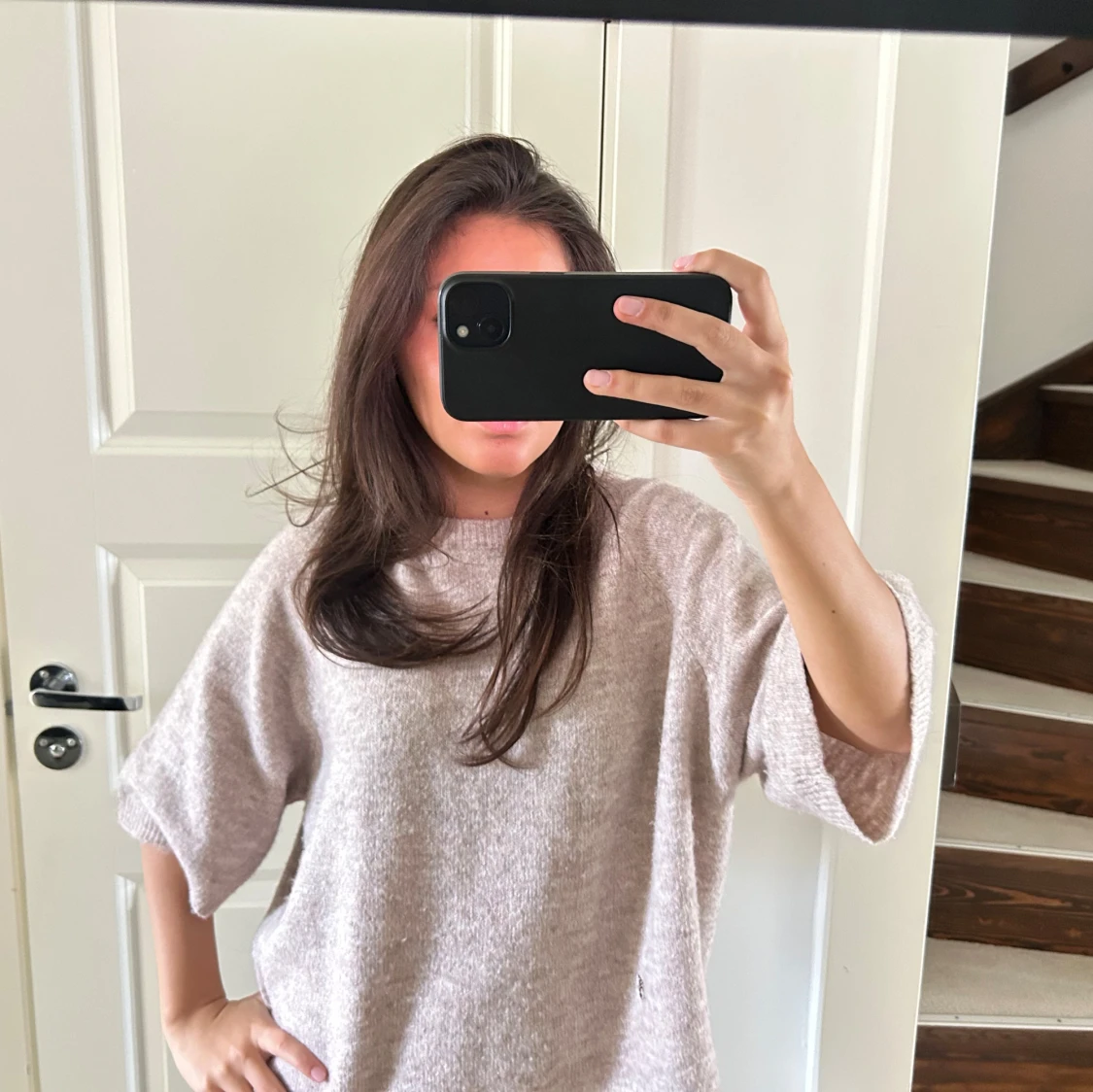 Beige stickad trekvartsarmar  - 3