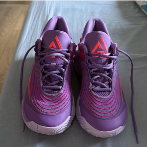 Nike basketskor - Säljer ett par snygga lila och rosa Nike sneakers med neonrosa detaljer och logga. Skorna har snörning och en platt sula, perfekt för dig som gillar färgstarka träningsskor. Ikonisk Nike Swoosh på sidan och bekväm passform.