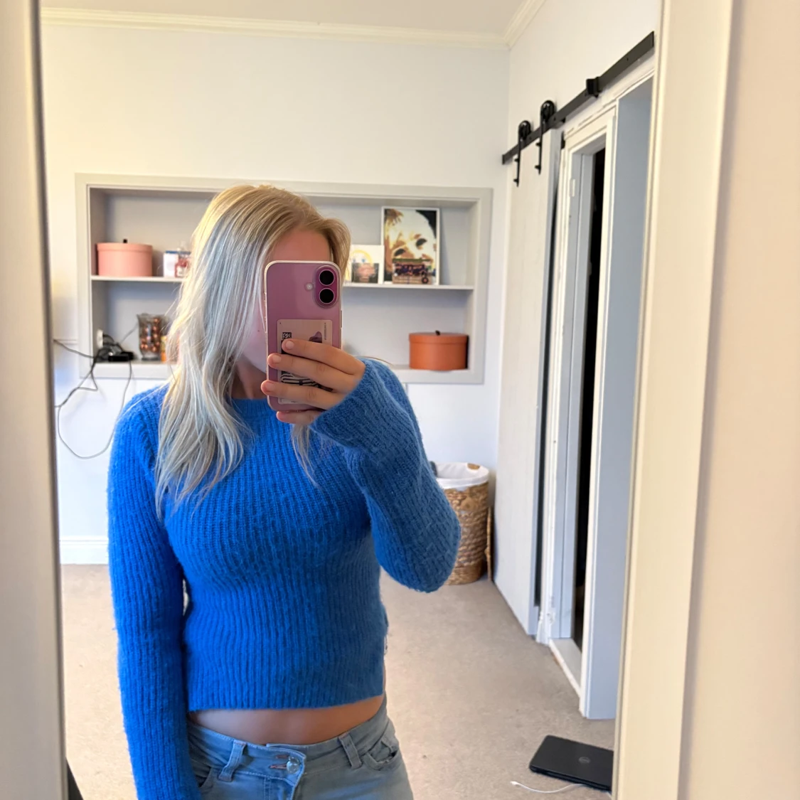 Blå croppad stickad tröja - 1