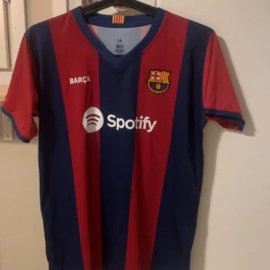 FC Barcelona hemmatröja Lewandowski - Säljer en FC Barcelona hemmatröja med Lewandowski 9 på ryggen. Tröjan är kortärmad med breda blå och röda ränder, klubbmärke på bröstet och Spotify som sponsor. Perfekt för dig som älskar Barca och vill visa ditt stöd på matchdag! Skriv för funderingar eller frågor💯💯