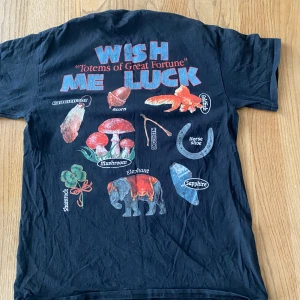 Urban Outfitters T-shirt  - Cool svart t-shirt från Urban Outfitters med stort färgglatt tryck på ryggen med texten 'Wish Me Luck' och olika lyckosymboler. Framsidan har ett litet tryck på bröstet. Perfekt för dig som gillar unika prints! Passar S också!