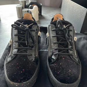 Svarta finskor med glitterstänk och dragkedjor - Säljer ett par svarta sneakers från Giuseppe Zanotti med glansiga och matta partier, glitterstänk över hela skon och silverfärgade dragkedjor på sidorna. Skorna har rund tå och svarta snören. Perfekta för dig som vill sticka ut! Finns dock inte kvitto, men boxen finns, där de står artikel nummer osv. Pris kan diskuteras. 