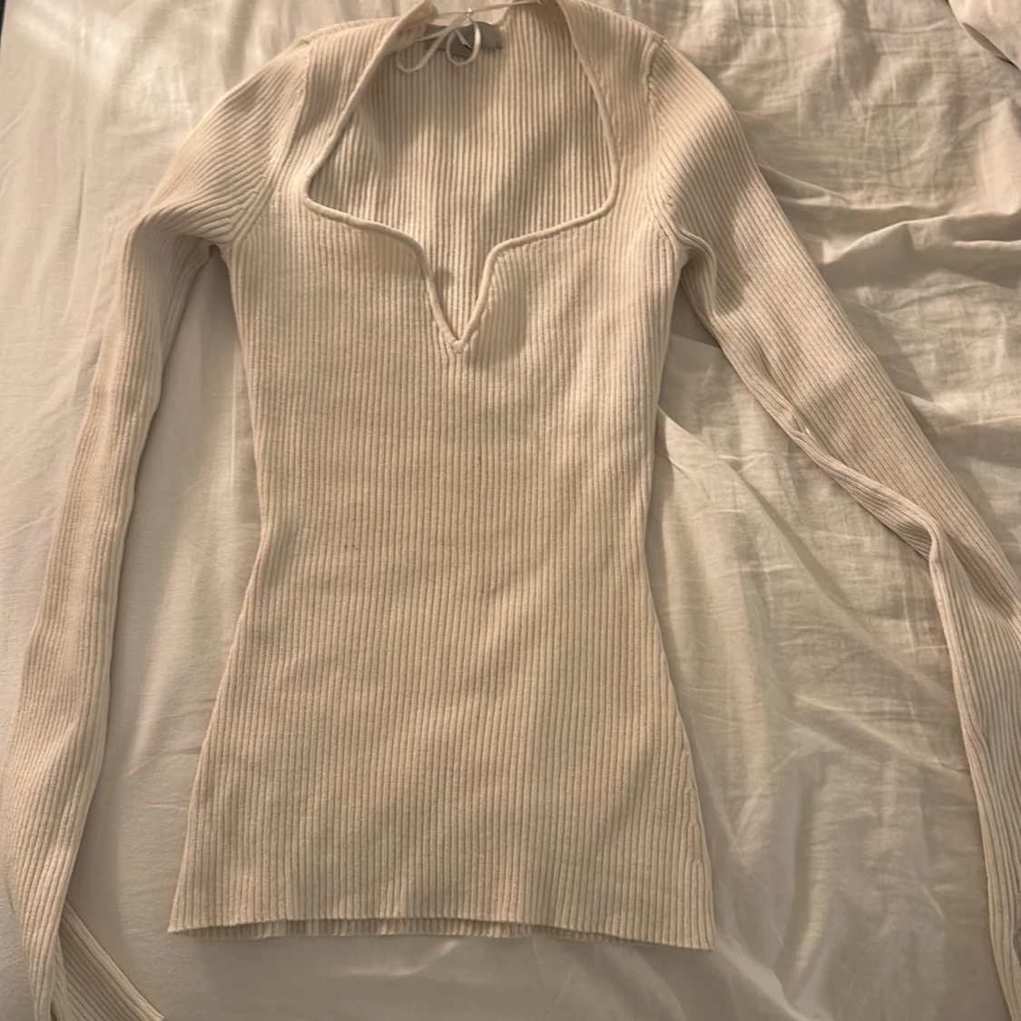 Beige ribbad långärmad topp H&M XS