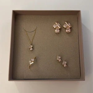 Edblad smyckeset med rosa stenar - Smyckeset från Edblad med halsband, ring och två par örhängen i guldpläterad metall. Alla delar har ljusrosa stenar som är mycket mer rosa i verkligheten. Ringen skulle jag bedöma som M/L. Ej orginal box.