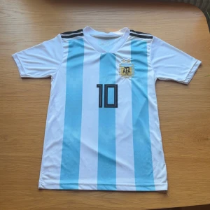 Argentina Messi 10 fotbollströja - Snygg Argentina fotbollströja med Messi och nummer 10 på ryggen. Tröjan har klassiska ljusblå och vita vertikala ränder, broderat AFA-märke på bröstet och svarta detaljer på axlarna. Kortärmad och tillverkad i lätt, ventilerande polyester.