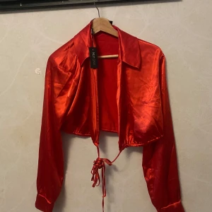 Hell ny Röd croppad satinjacka NLY ONE - Säljer en hell ny, Snygg röd croppad jacka från NLY ONE i glansigt satinmaterial. Jackan har långa ärmar, klassisk krage och knytband framtill för en cool look. Perfekt för dig som vill sticka ut med en trendig och färgstark stil. Storlek M.