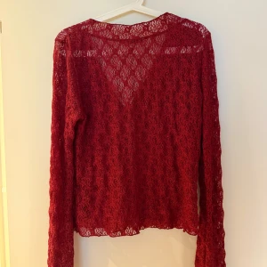 Röd spetsblus med v-ringning från NA-KD - Säljer en snygg röd spetsblus från NA-KD med v-ringning och långa ärmar. Blusen är helt i spets med ett genombrutet mönster som ger en romantisk vibe. Perfekt att styla med jeans eller kjol för en trendig look.