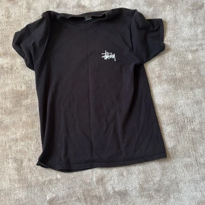 Svart Stüssy t-shirt med logga - Svart t-shirt från Stüssy med klassisk vit logga tryckt på bröstet och en stor logga på ryggen. T-shirten har korta ärmar och är gjord i mjuk bomull. Perfekt för dig som gillar streetwear och vill ha en clean look med tydlig branding.