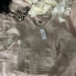 Beige kortärmad topp från Gina trickot  - Säljer en stilren beige topp från Gina trickotmed korta ärmar och rund halsringning. Toppen har en lätt glansig finish och är sydd i ett mjukt material som ger en snygg passform. Perfekt att matcha med både jeans och kjol.