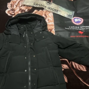 Svart dunjacka från Canada Goose - Säljer en svart dunjacka från Canada Goose med huva och dragkedja. Jackan har långa ärmar och en klassisk design med logotyp på ärmen. Perfekt för kalla dagar.