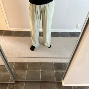 Plisserade ljusgröna byxor från Gina Tricot - Säljer ett par ljusgröna plisserade byxor från Gina Tricot i storlek L. Byxorna har rak passform och resår i midjan. Perfekta för en avslappnad och skön outfit💚Använda fåtal gången