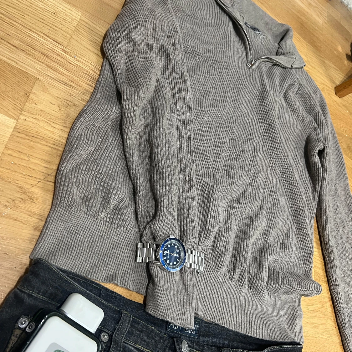 Beige  ribbad half zip stickad tröja - 1