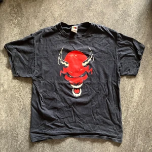Svart t-shirt med rött demontryck - Cool svart t-shirt från Fruit of the Loom med ett stort rött demonansikte tryckt på bröstet. Klassisk passform och rund halsringning. Perfekt för dig som gillar unika och edgy motiv.